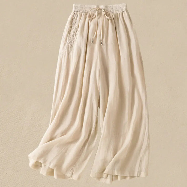 Buddha Stones Commute Embroidery Drawstring Women’s Cotton Wide Leg Pants With Pockets - Beige / US4，UK/AU8，EU36 (L)
