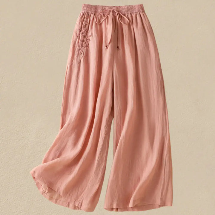 Buddha Stones Commute Embroidery Drawstring Women’s Cotton Wide Leg Pants With Pockets - Coral / US4，UK/AU8，EU36 (L)