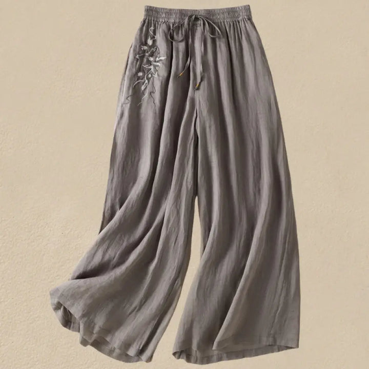Buddha Stones Commute Embroidery Drawstring Women’s Cotton Wide Leg Pants With Pockets - Gray / US4，UK/AU8，EU36 (L)