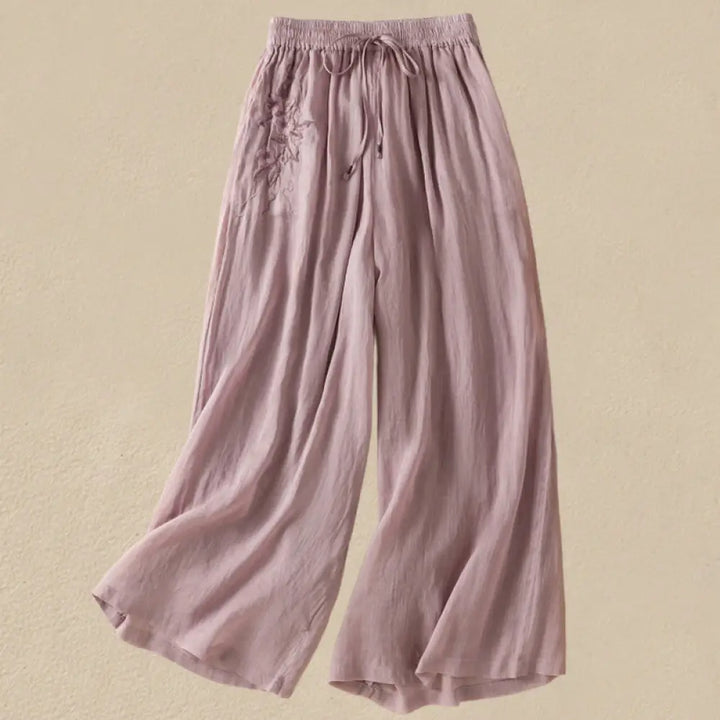Buddha Stones Commute Embroidery Drawstring Women’s Cotton Wide Leg Pants With Pockets - RosyBrown / US4，UK/AU8，EU36