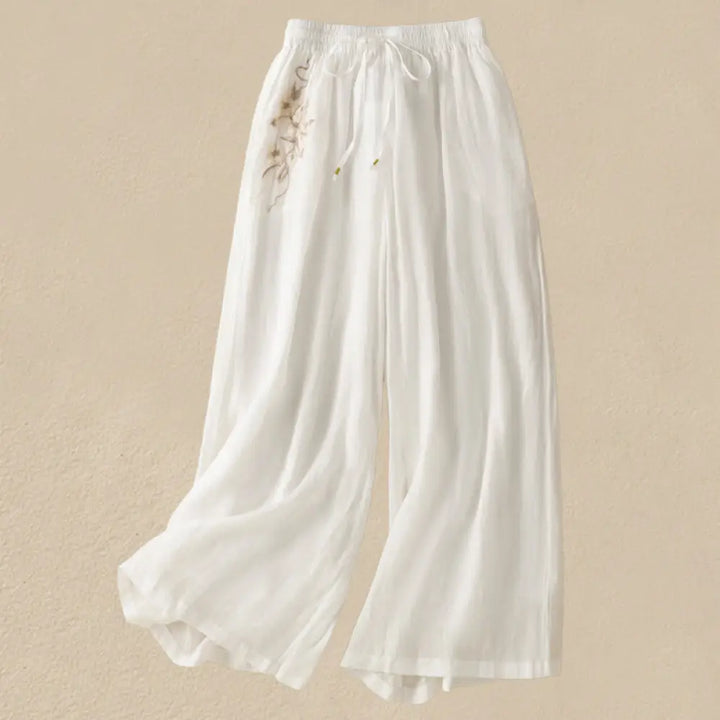 Buddha Stones Commute Embroidery Drawstring Women’s Cotton Wide Leg Pants With Pockets - White / US4，UK/AU8，EU36 (L)