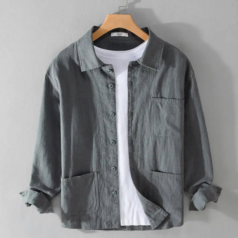 Buddha Stones Commute Fall Solid Color Lapel Men’s Long Sleeve Cotton Linen Shirt With Pocket - LightSlateGray