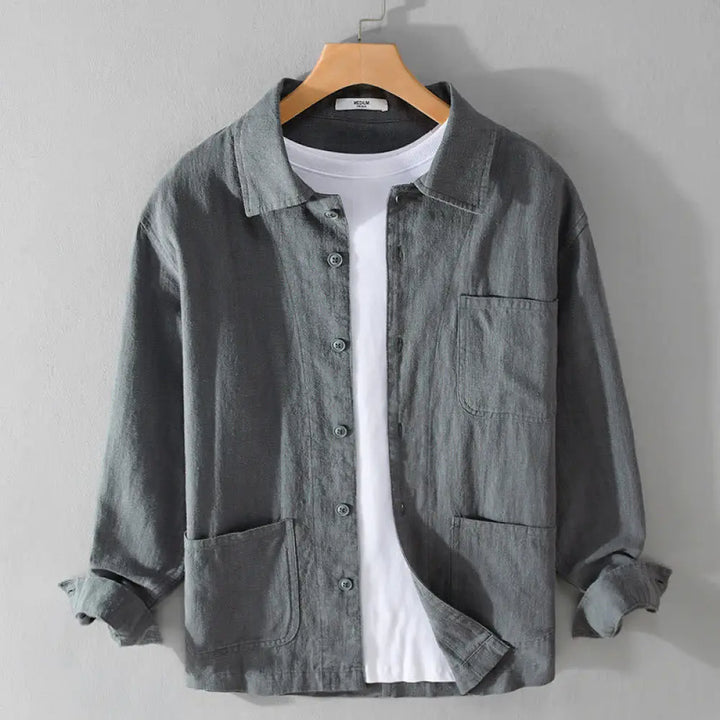 Buddha Stones Commute Fall Solid Color Lapel Men’s Long Sleeve Cotton Linen Shirt With Pocket - LightSlateGray