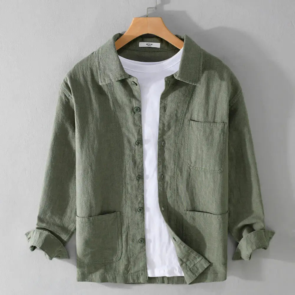 Buddha Stones Commute Fall Solid Color Lapel Men’s Long Sleeve Cotton Linen Shirt With Pocket - MediumSeaGreen