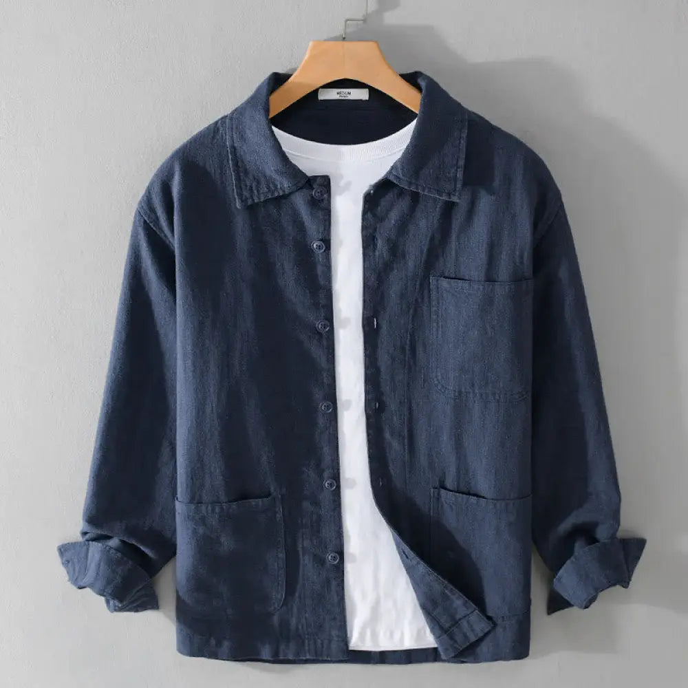 Buddha Stones Commute Fall Solid Color Lapel Men’s Long Sleeve Cotton Linen Shirt With Pocket - MidnightBlue