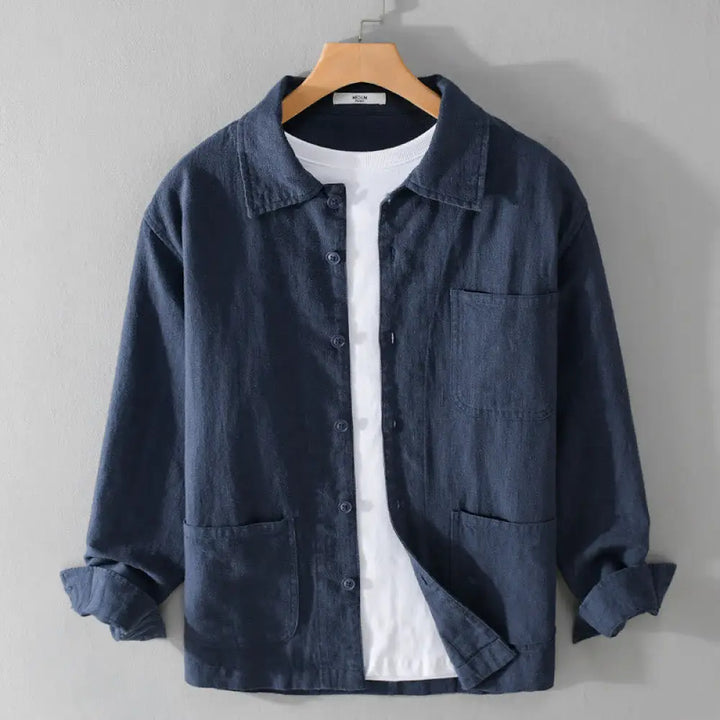 Buddha Stones Commute Fall Solid Color Lapel Men’s Long Sleeve Cotton Linen Shirt With Pocket - MidnightBlue