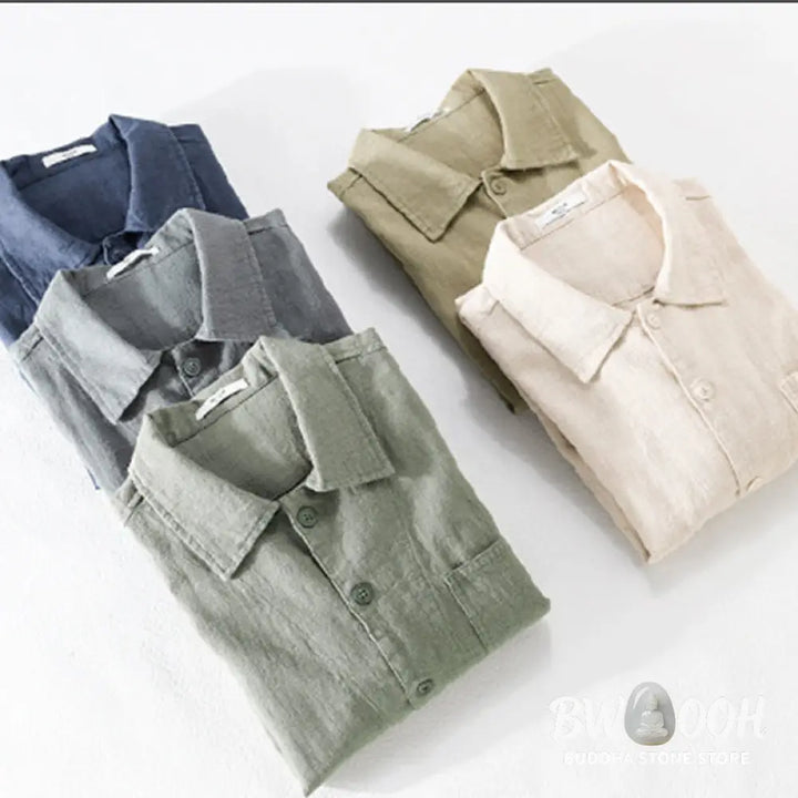 Buddha Stones Commute Fall Solid Color Lapel Men’s Long Sleeve Cotton Linen Shirt With Pocket - Men’s Shirts