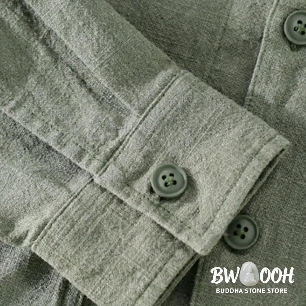 Buddha Stones Commute Fall Solid Color Lapel Men’s Long Sleeve Cotton Linen Shirt With Pocket - Men’s Shirts