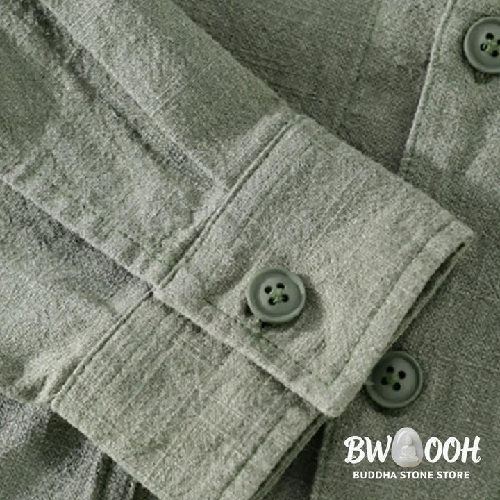 Buddha Stones Commute Fall Solid Color Lapel Men’s Long Sleeve Cotton Linen Shirt With Pocket - Men’s Shirts