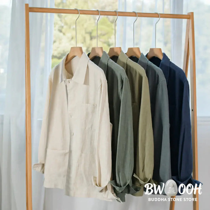 Buddha Stones Commute Fall Solid Color Lapel Men’s Long Sleeve Cotton Linen Shirt With Pocket - Men’s Shirts