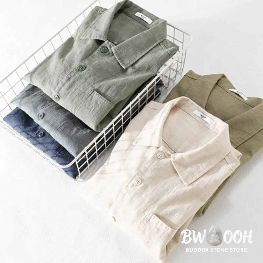 Buddha Stones Commute Fall Solid Color Lapel Men’s Long Sleeve Cotton Linen Shirt With Pocket - Men’s Shirts