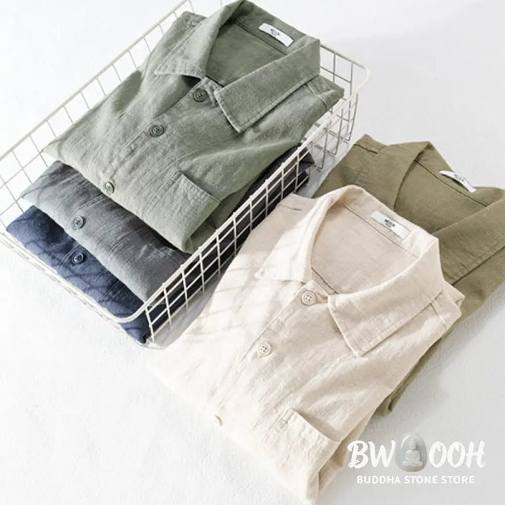 Buddha Stones Commute Fall Solid Color Lapel Men’s Long Sleeve Cotton Linen Shirt With Pocket - Men’s Shirts
