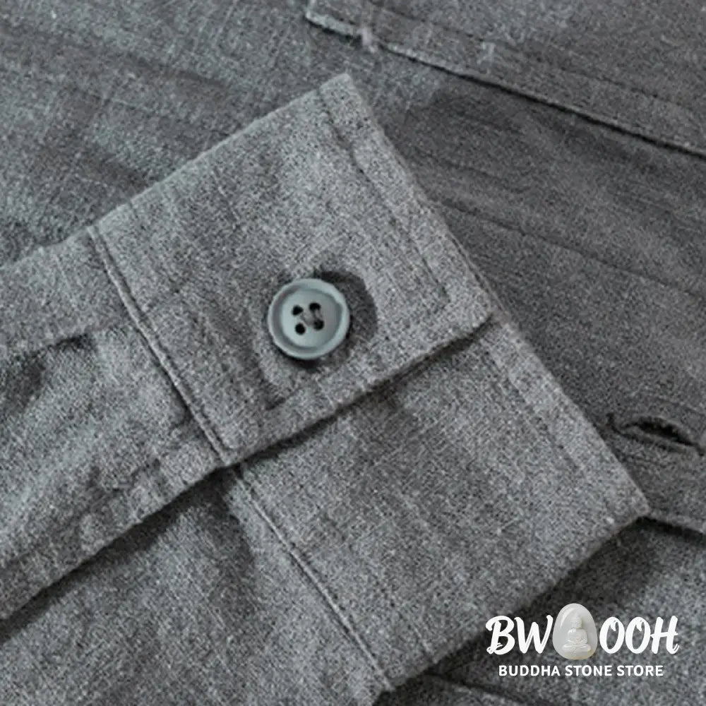 Buddha Stones Commute Fall Solid Color Lapel Men’s Long Sleeve Cotton Linen Shirt With Pocket - Men’s Shirts