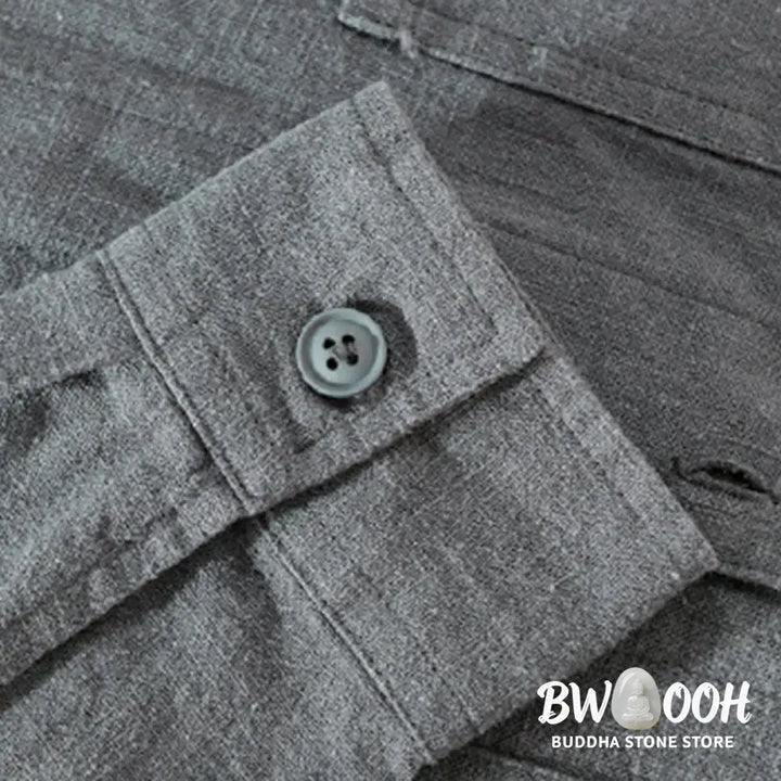 Buddha Stones Commute Fall Solid Color Lapel Men’s Long Sleeve Cotton Linen Shirt With Pocket - Men’s Shirts