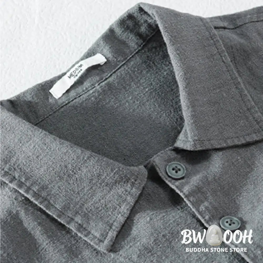 Buddha Stones Commute Fall Solid Color Lapel Men’s Long Sleeve Cotton Linen Shirt With Pocket - Men’s Shirts