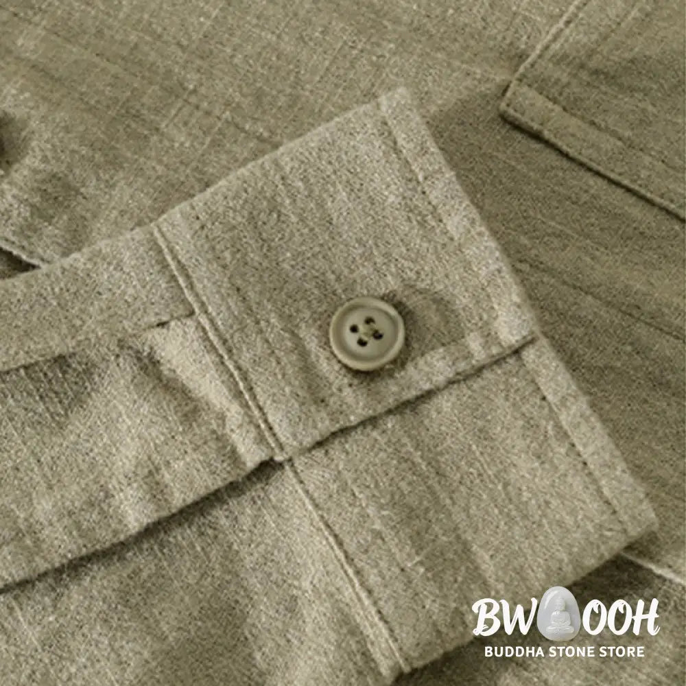 Buddha Stones Commute Fall Solid Color Lapel Men’s Long Sleeve Cotton Linen Shirt With Pocket - Men’s Shirts