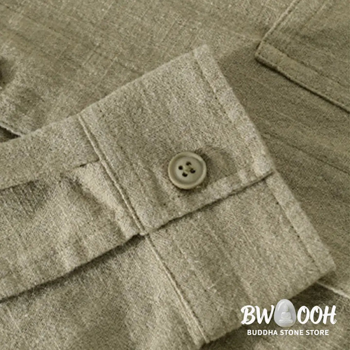 Buddha Stones Commute Fall Solid Color Lapel Men’s Long Sleeve Cotton Linen Shirt With Pocket - Men’s Shirts