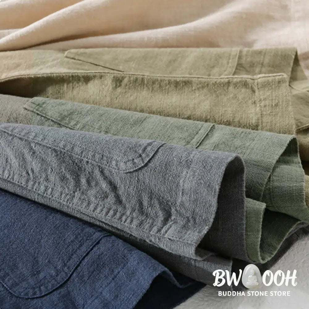 Buddha Stones Commute Fall Solid Color Lapel Men’s Long Sleeve Cotton Linen Shirt With Pocket - Men’s Shirts
