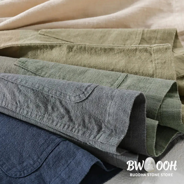 Buddha Stones Commute Fall Solid Color Lapel Men’s Long Sleeve Cotton Linen Shirt With Pocket - Men’s Shirts