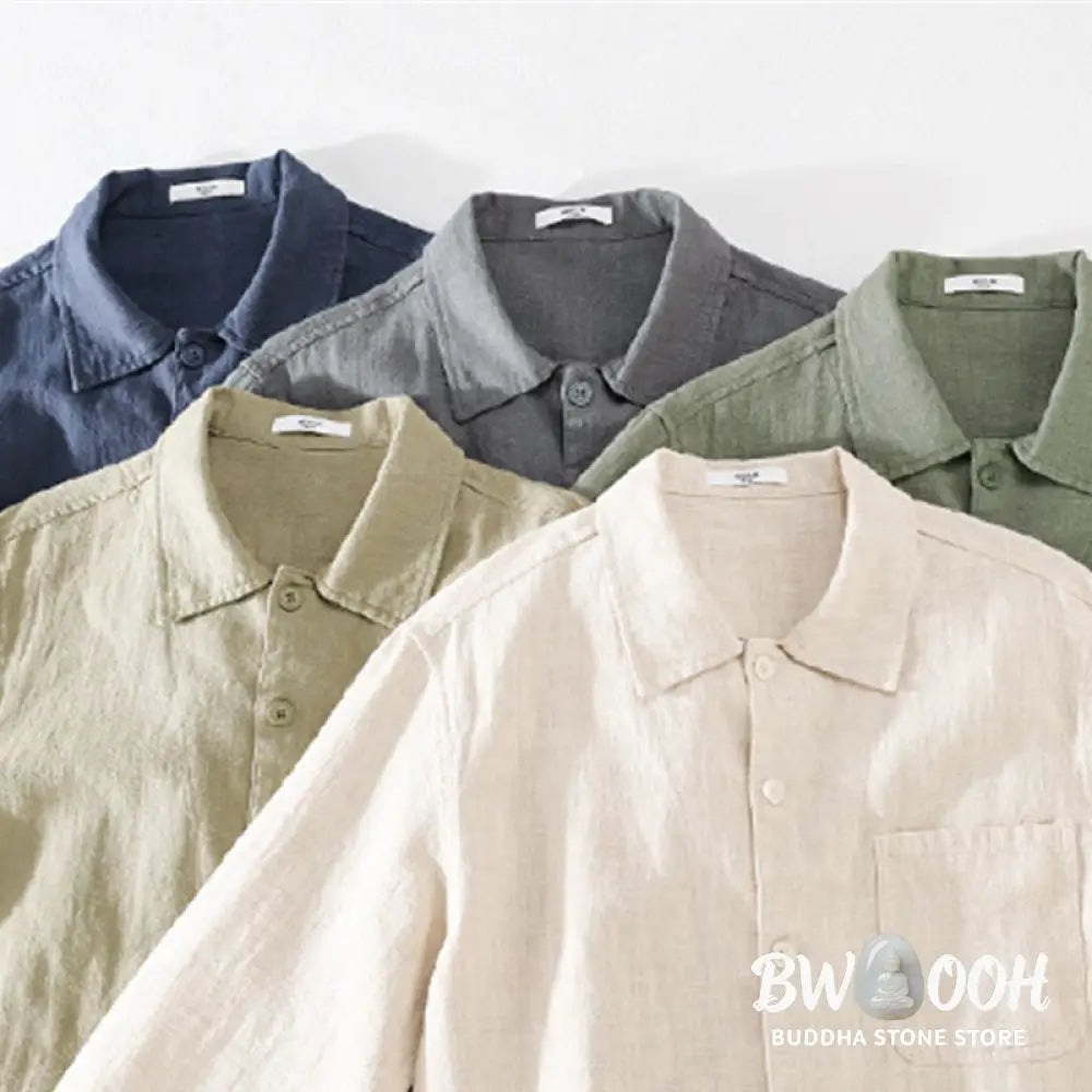 Buddha Stones Commute Fall Solid Color Lapel Men’s Long Sleeve Cotton Linen Shirt With Pocket - Men’s Shirts