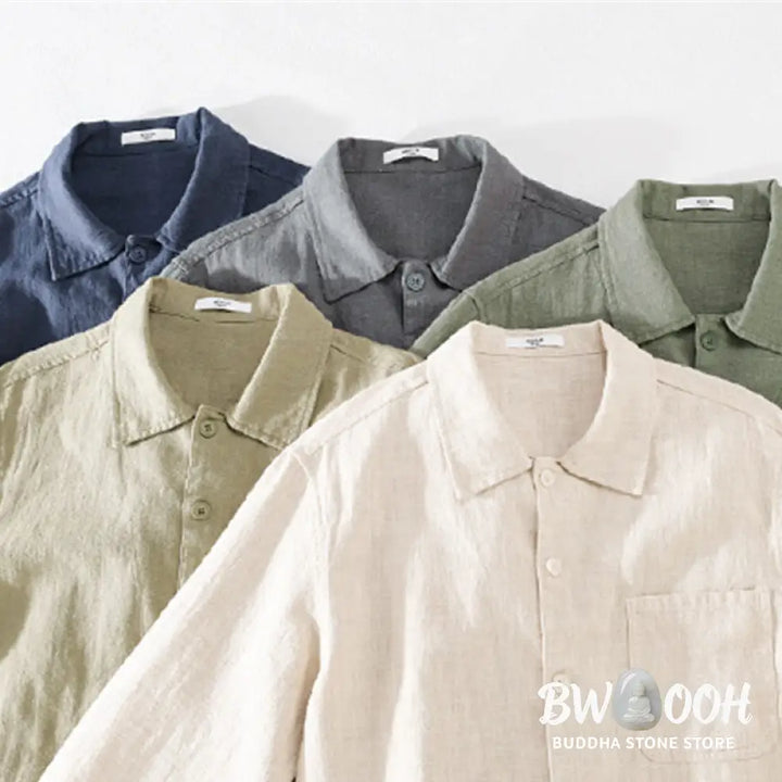 Buddha Stones Commute Fall Solid Color Lapel Men’s Long Sleeve Cotton Linen Shirt With Pocket - Men’s Shirts