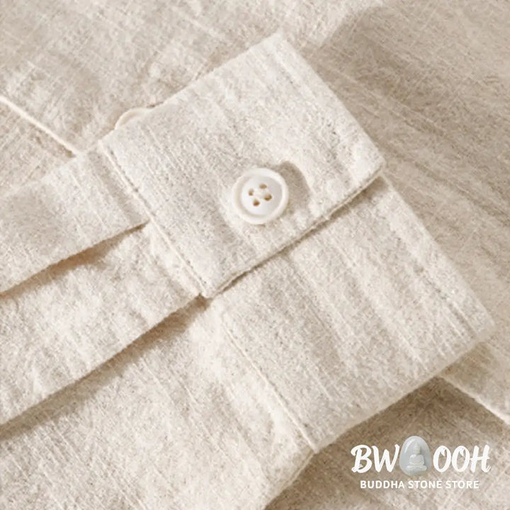 Buddha Stones Commute Fall Solid Color Lapel Men’s Long Sleeve Cotton Linen Shirt With Pocket - Men’s Shirts