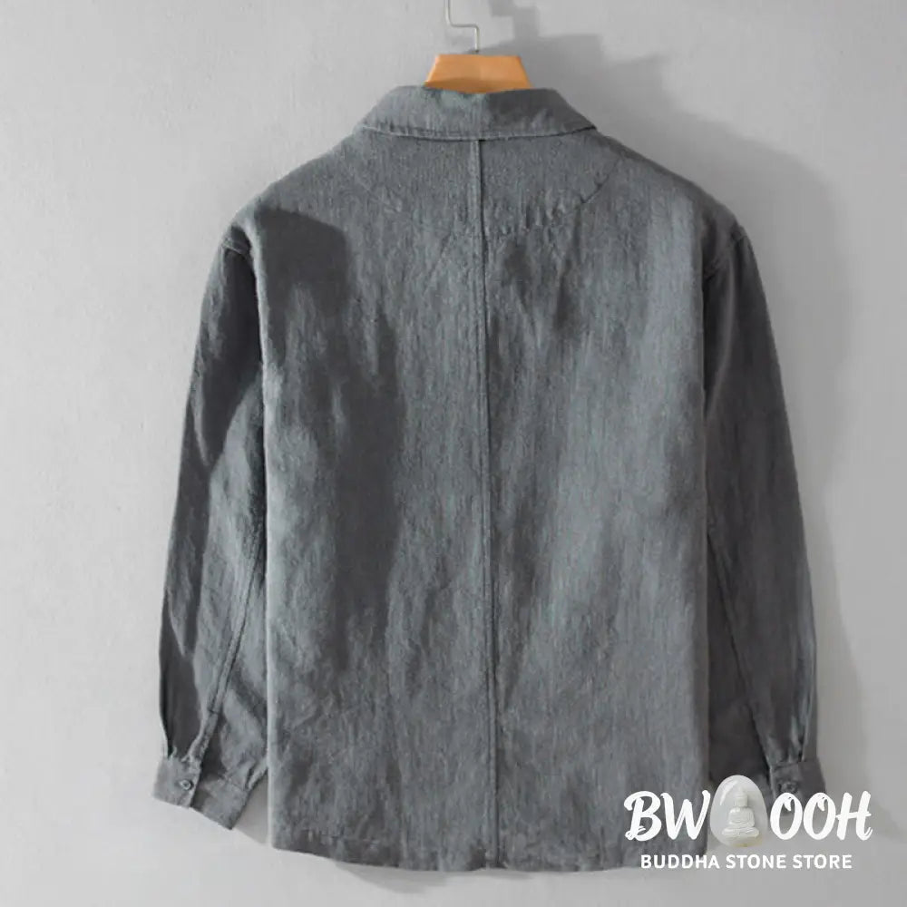 Buddha Stones Commute Fall Solid Color Lapel Men’s Long Sleeve Cotton Linen Shirt With Pocket - Men’s Shirts