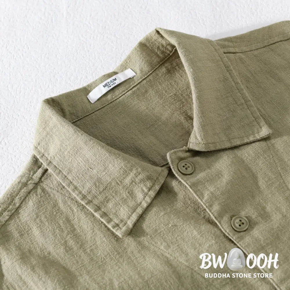 Buddha Stones Commute Fall Solid Color Lapel Men’s Long Sleeve Cotton Linen Shirt With Pocket - Men’s Shirts