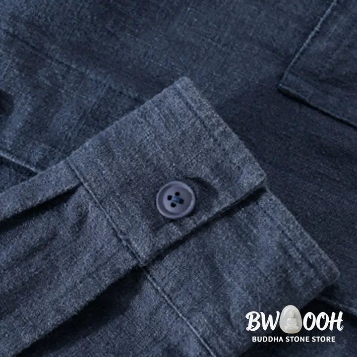 Buddha Stones Commute Fall Solid Color Lapel Men’s Long Sleeve Cotton Linen Shirt With Pocket - Men’s Shirts