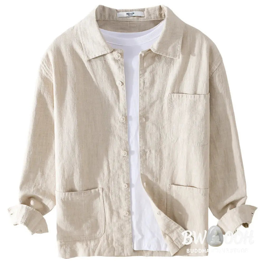 Buddha Stones Commute Fall Solid Color Lapel Men’s Long Sleeve Cotton Linen Shirt With Pocket - Men’s Shirts