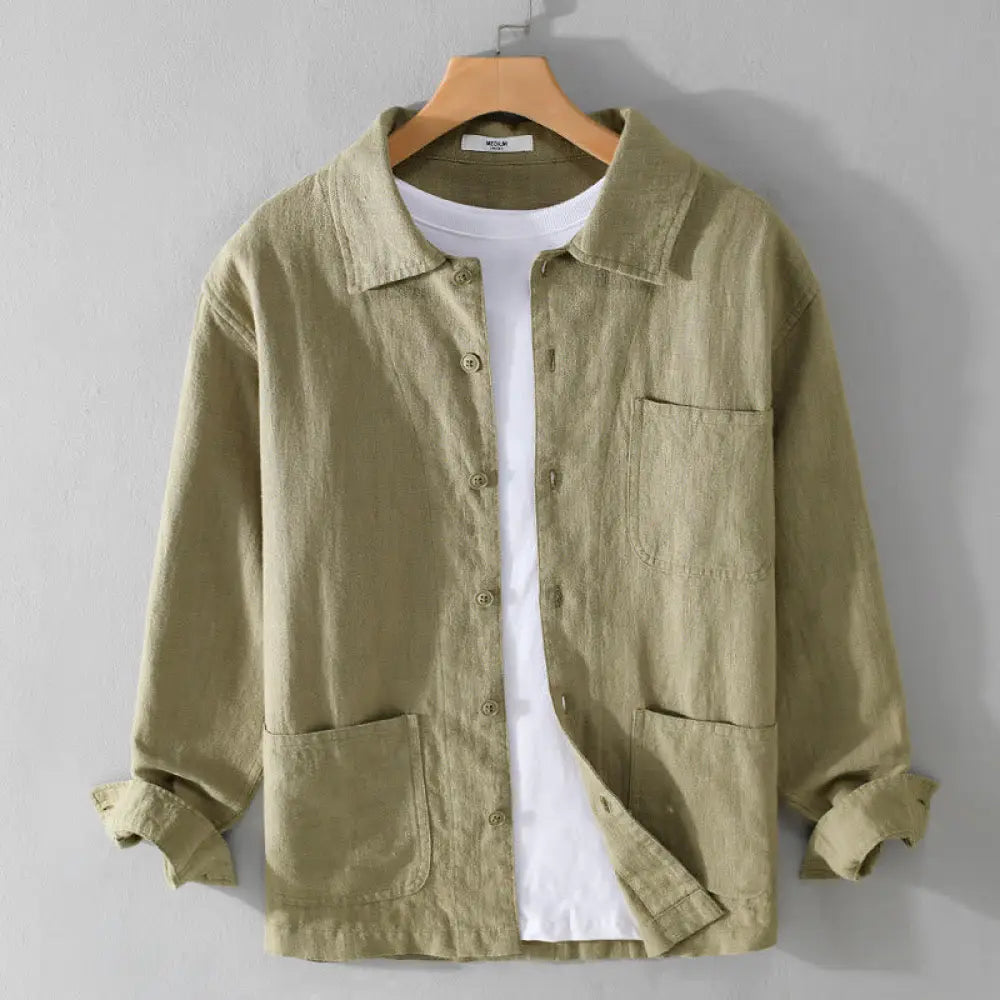 Buddha Stones Commute Fall Solid Color Lapel Men’s Long Sleeve Cotton Linen Shirt With Pocket - YellowGreen