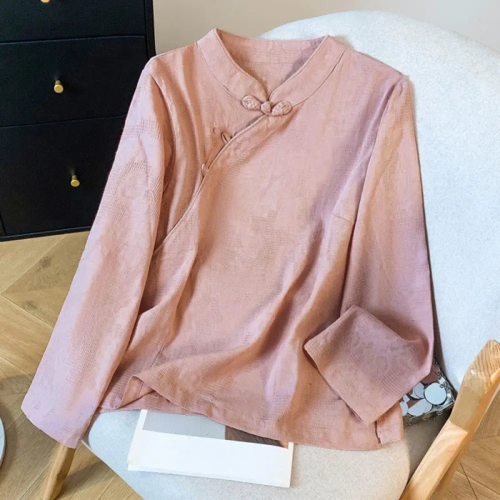 Buddha Stones Commute Jacquard Chinese Frog-Button Mandarin Collar Long Sleeve Women’s Cotton Shirt - DarkSalmon