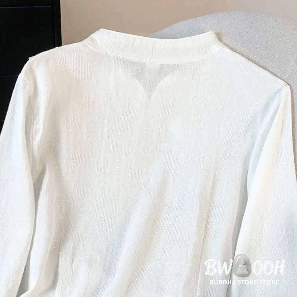 Buddha Stones Commute Jacquard Chinese Frog-Button Mandarin Collar Long Sleeve Women’s Cotton Shirt - Women’s Shirts