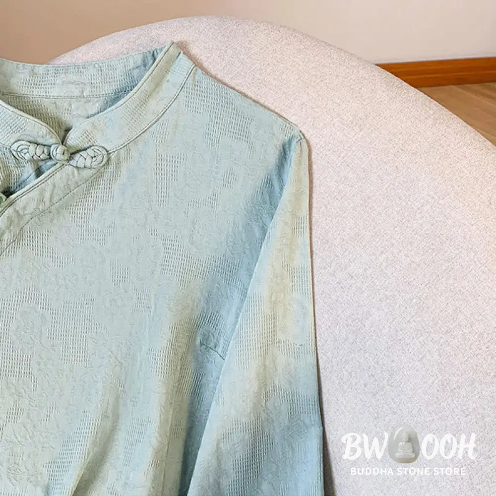 Buddha Stones Commute Jacquard Chinese Frog-Button Mandarin Collar Long Sleeve Women’s Cotton Shirt - Women’s Shirts