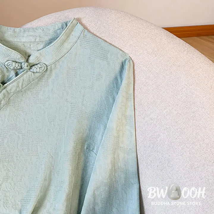 Buddha Stones Commute Jacquard Chinese Frog-Button Mandarin Collar Long Sleeve Women’s Cotton Shirt - Women’s Shirts
