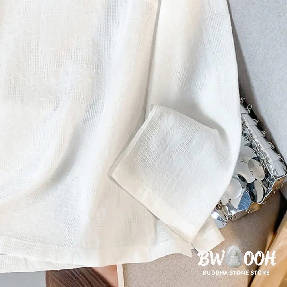 Buddha Stones Commute Jacquard Chinese Frog-Button Mandarin Collar Long Sleeve Women’s Cotton Shirt - Women’s Shirts