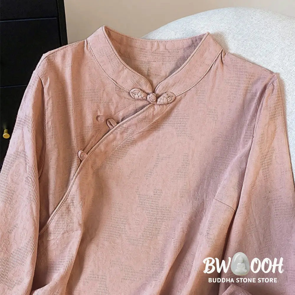 Buddha Stones Commute Jacquard Chinese Frog-Button Mandarin Collar Long Sleeve Women’s Cotton Shirt - Women’s Shirts