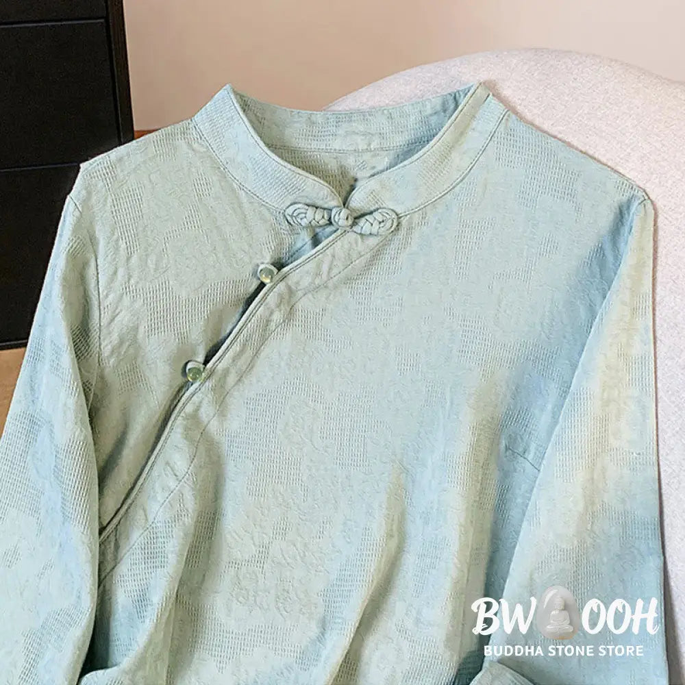 Buddha Stones Commute Jacquard Chinese Frog-Button Mandarin Collar Long Sleeve Women’s Cotton Shirt - Women’s Shirts
