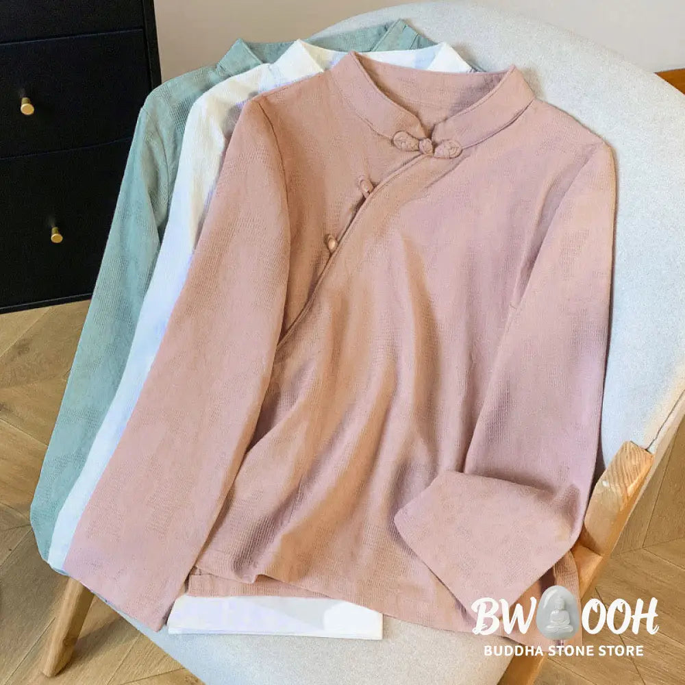 Buddha Stones Commute Jacquard Chinese Frog-Button Mandarin Collar Long Sleeve Women’s Cotton Shirt - Women’s Shirts