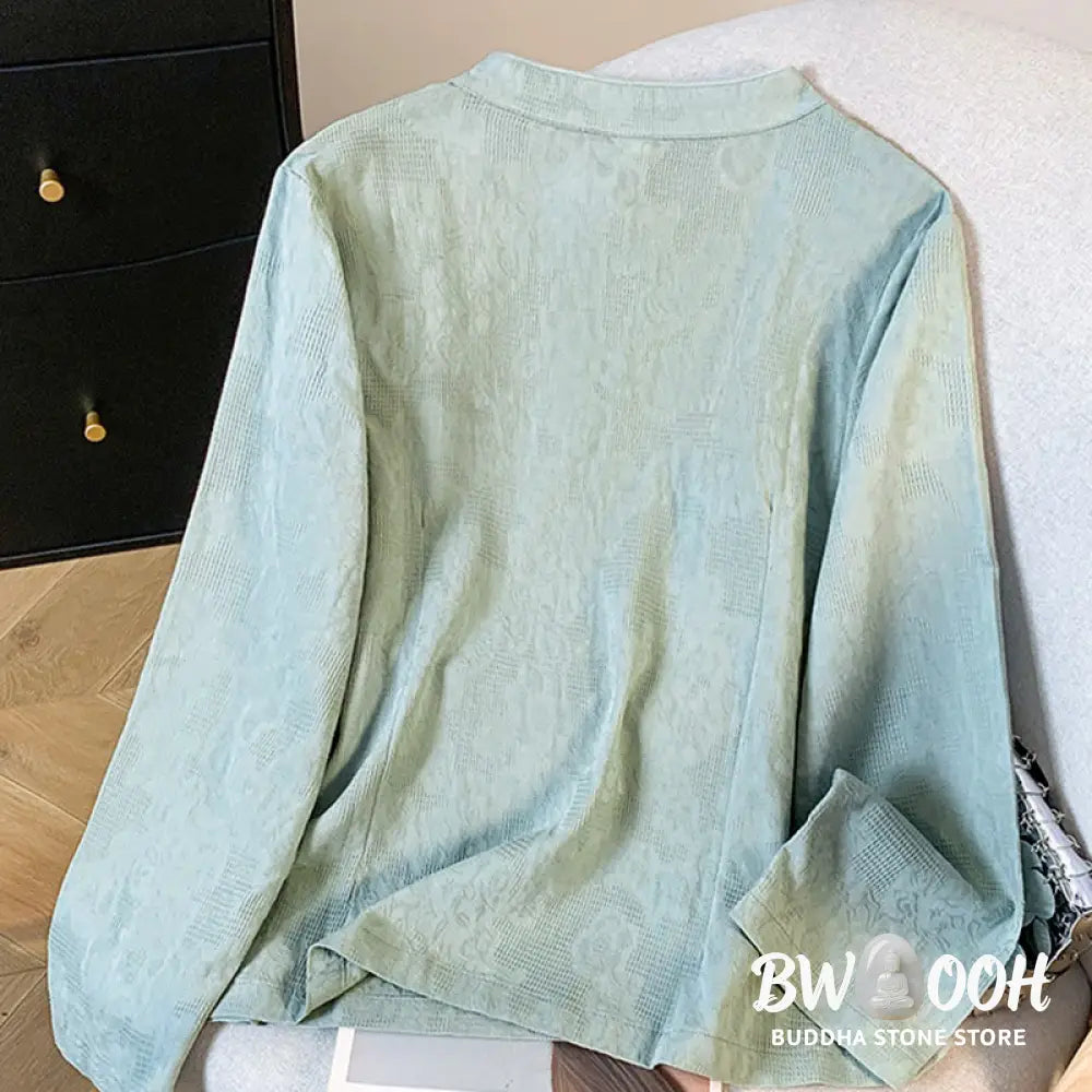 Buddha Stones Commute Jacquard Chinese Frog-Button Mandarin Collar Long Sleeve Women’s Cotton Shirt - Women’s Shirts