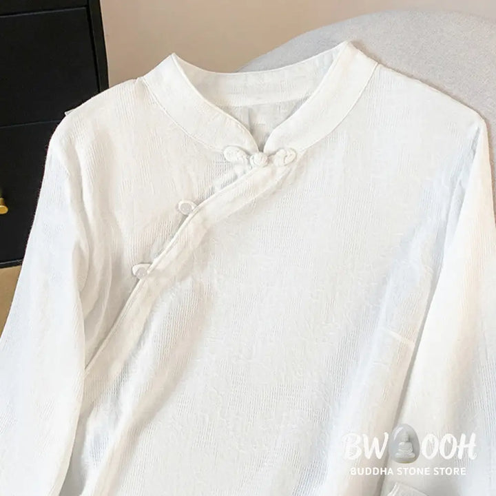Buddha Stones Commute Jacquard Chinese Frog-Button Mandarin Collar Long Sleeve Women’s Cotton Shirt - Women’s Shirts