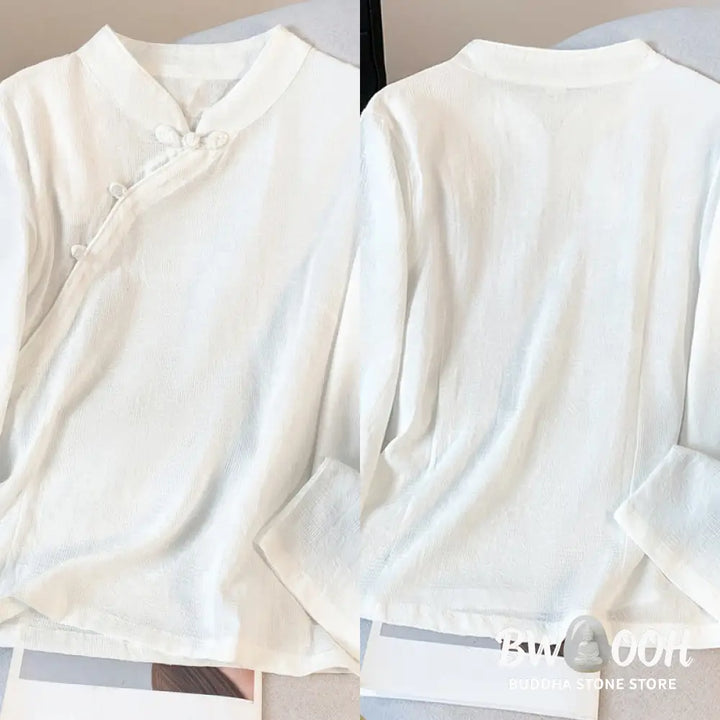 Buddha Stones Commute Jacquard Chinese Frog-Button Mandarin Collar Long Sleeve Women’s Cotton Shirt - Women’s Shirts