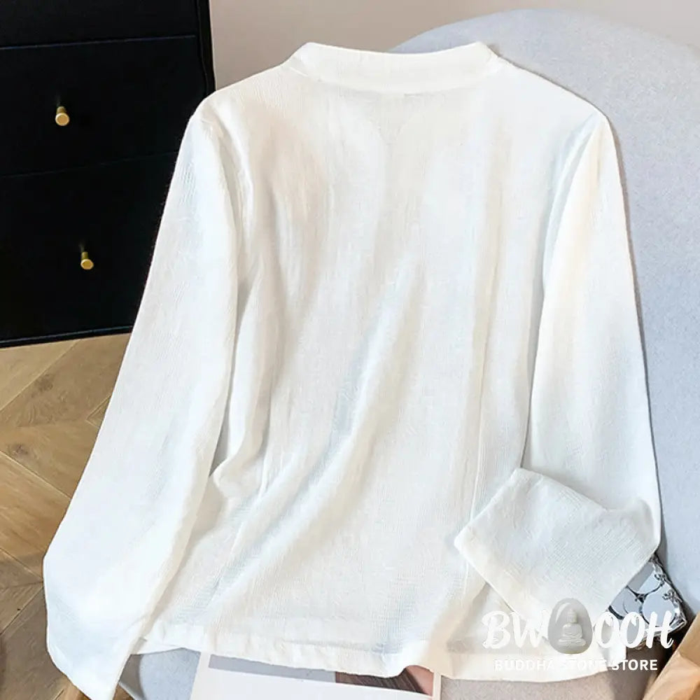 Buddha Stones Commute Jacquard Chinese Frog-Button Mandarin Collar Long Sleeve Women’s Cotton Shirt - Women’s Shirts