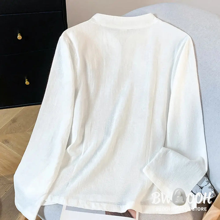 Buddha Stones Commute Jacquard Chinese Frog-Button Mandarin Collar Long Sleeve Women’s Cotton Shirt - Women’s Shirts