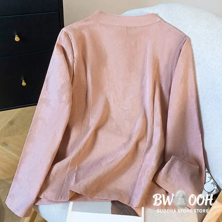 Buddha Stones Commute Jacquard Chinese Frog-Button Mandarin Collar Long Sleeve Women’s Cotton Shirt - Women’s Shirts