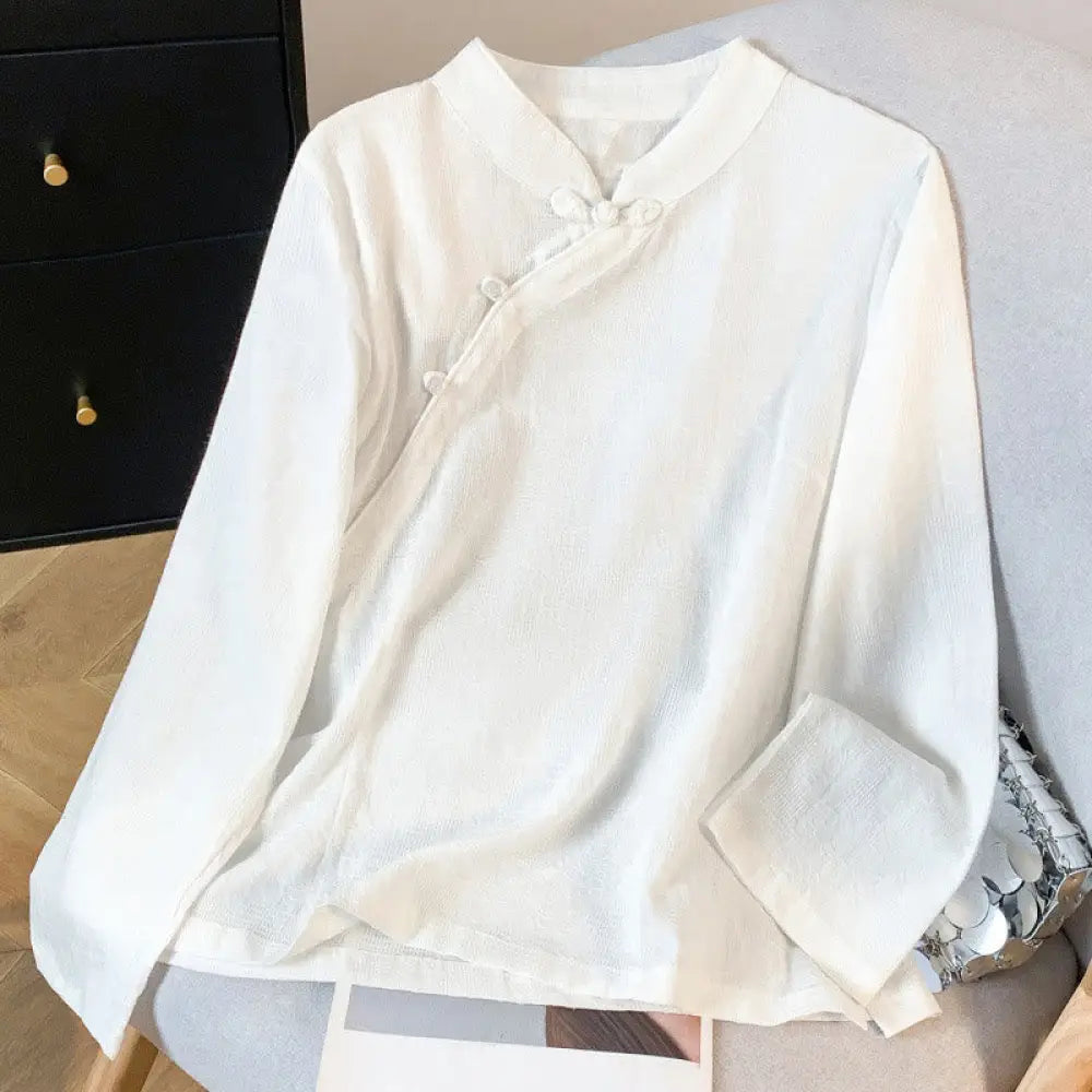 Buddha Stones Commute Jacquard Chinese Frog-Button Mandarin Collar Long Sleeve Women’s Cotton Shirt - White