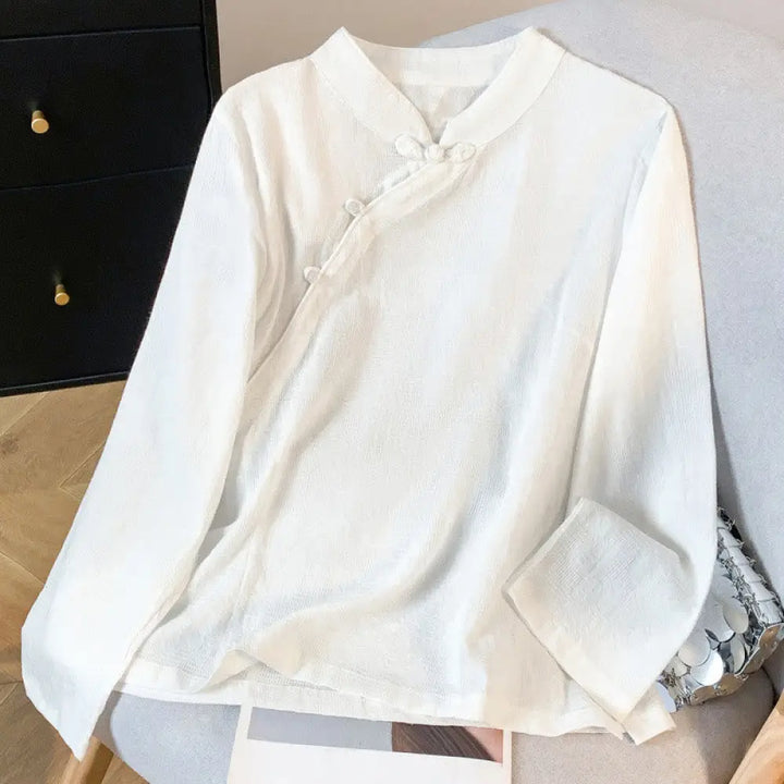 Buddha Stones Commute Jacquard Chinese Frog-Button Mandarin Collar Long Sleeve Women’s Cotton Shirt - White