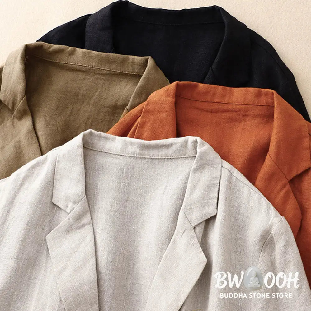 Buddha Stones Commute Retro Pure Color Lapel Cotton Linen Women’s Jacket With Pockets - Women’s Jacket