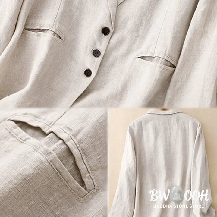 Buddha Stones Commute Retro Pure Color Lapel Cotton Linen Women’s Jacket With Pockets - Women’s Jacket