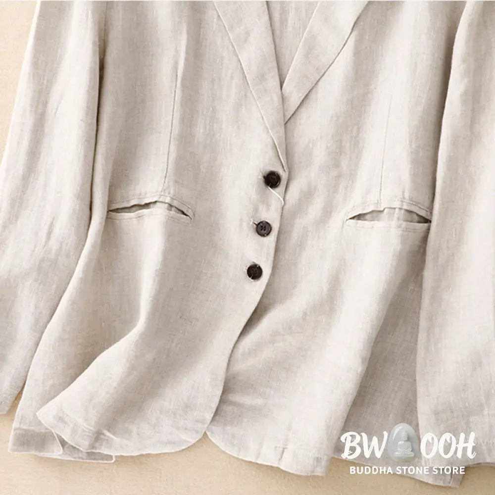 Buddha Stones Commute Retro Pure Color Lapel Cotton Linen Women’s Jacket With Pockets - Women’s Jacket